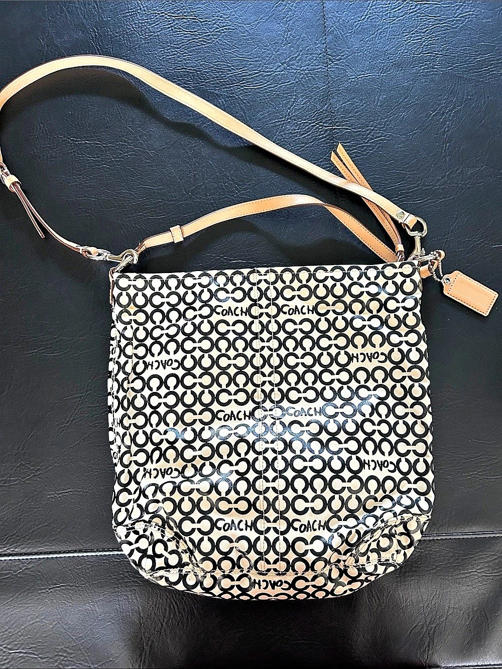 Coach Leah Opt Art Convertible Hobo Signature Canvas Crossbody in Black & Cream
